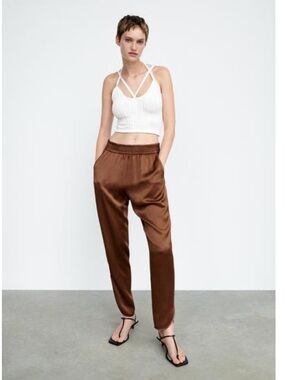 Zara Women's Satin-Look Brown Elastic Waist Joggers